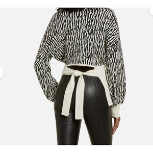 Open Edit Nordstrom Women's Zebra Print White Cotton Knit Tie Back Sweater NWT